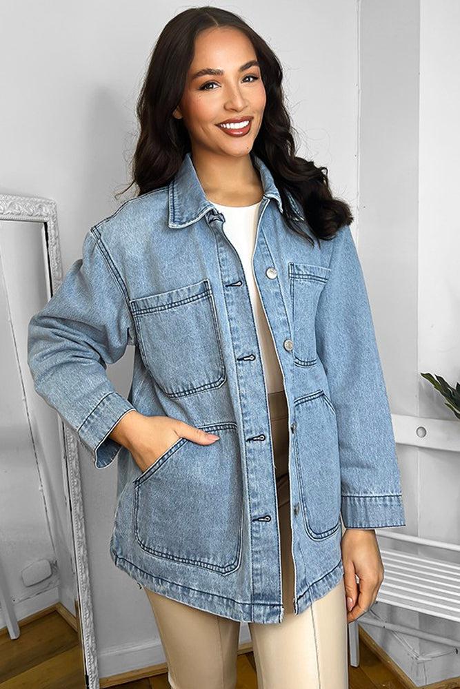 100% Cotton Denim Patch Pockets Boyfriend Jacket-SinglePrice