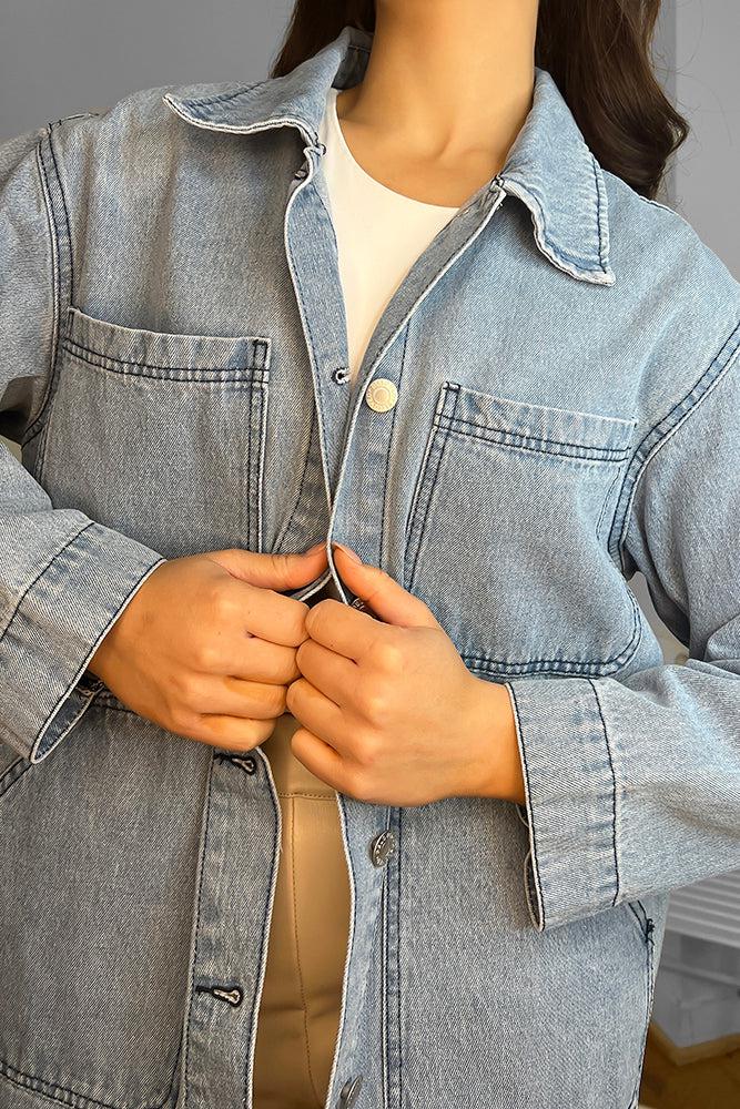 100% Cotton Denim Patch Pockets Boyfriend Jacket-SinglePrice