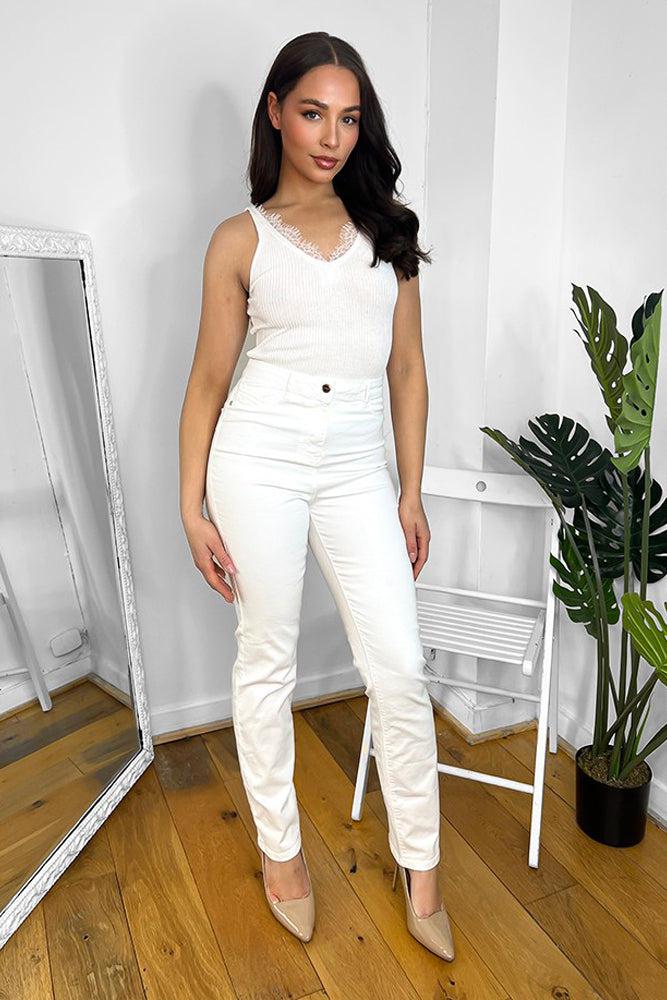 White Cotton Blend Classic Summer Jeans-SinglePrice