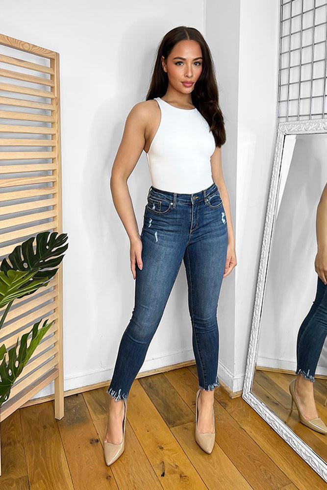Denim Blue Distressed Legs And Raw Hem Jeans-SinglePrice