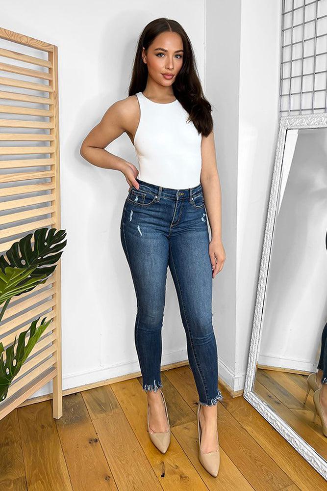 Denim Blue Distressed Legs And Raw Hem Jeans-SinglePrice