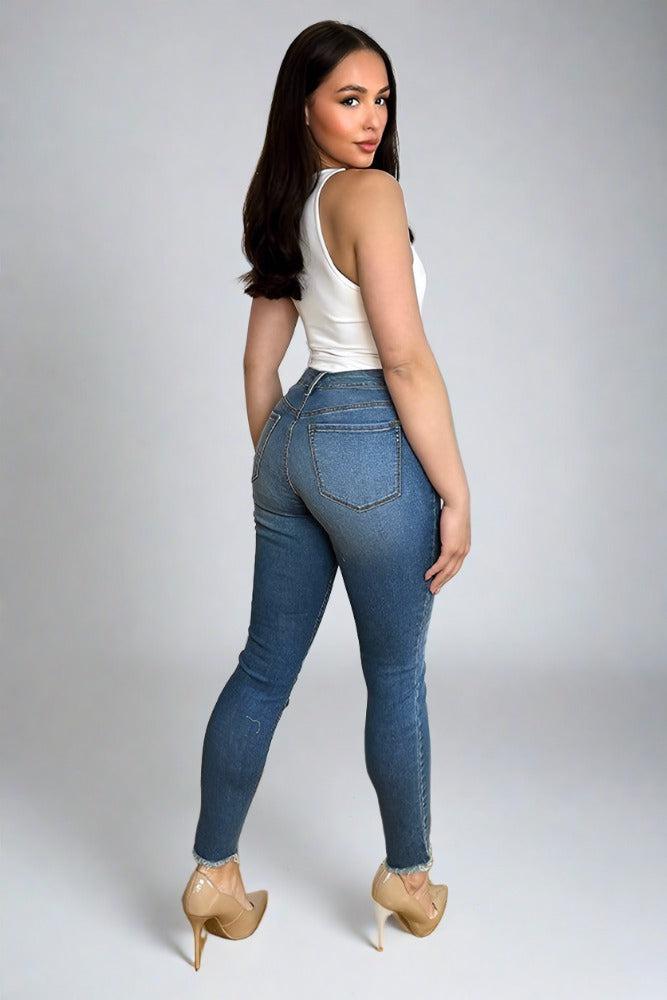 Cotton Blend Denim Extra Ripped Hem Jeans-SinglePrice