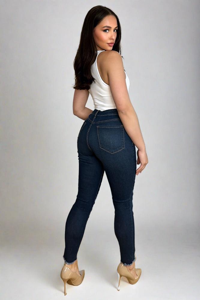 Cotton Blend Denim Extra Ripped Hem Jeans-SinglePrice