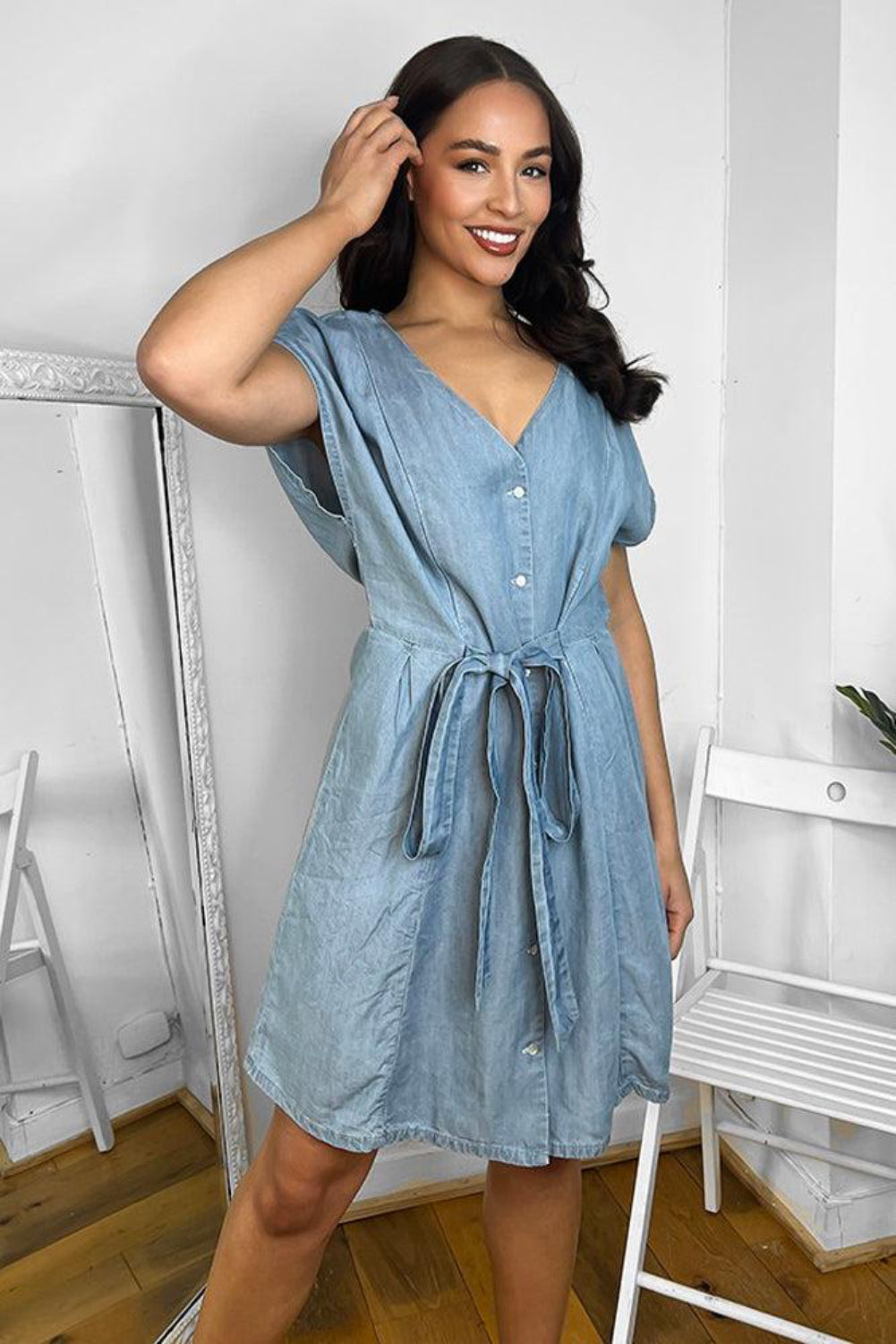 Blue Denim V-Neck Drawstring Waist Dress-SinglePrice