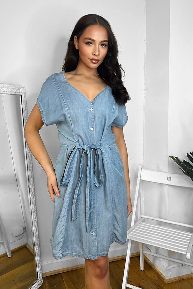 Blue Denim V-Neck Drawstring Waist Dress-SinglePrice