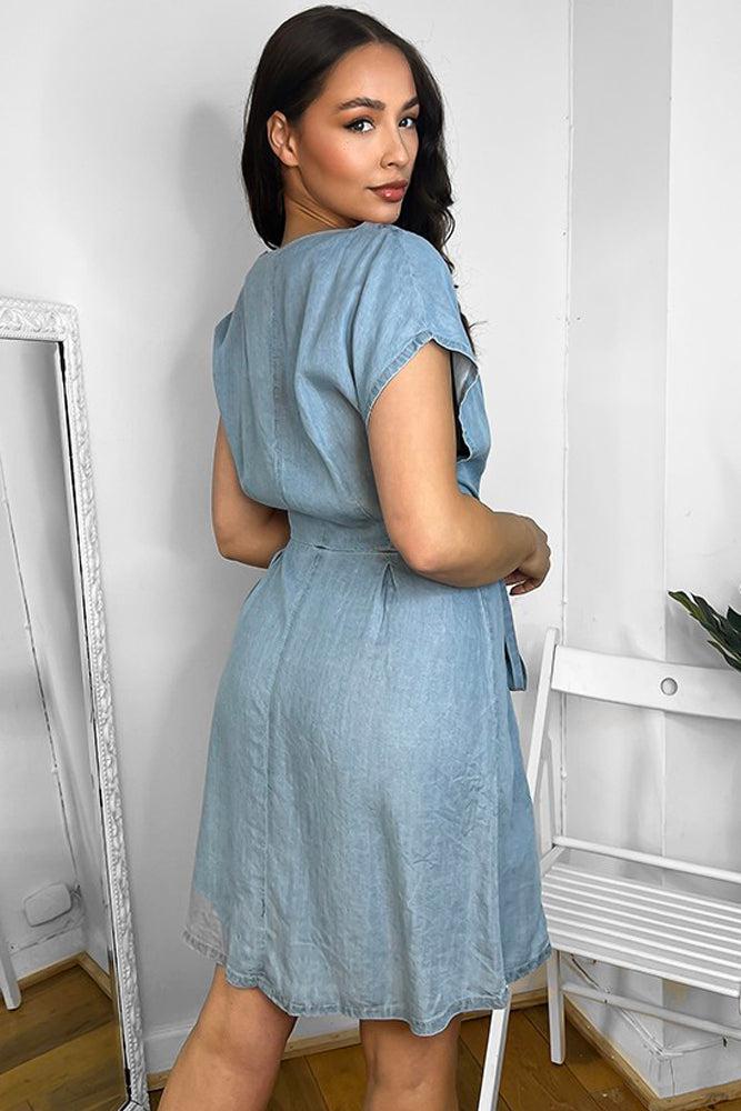 Blue Denim V-Neck Drawstring Waist Dress-SinglePrice