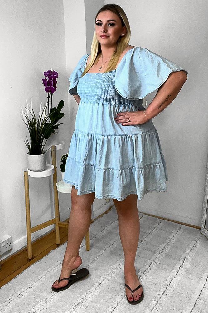 100% Cotton Light Denim Shirred Bust Blue Milkmaid Dress-SinglePrice