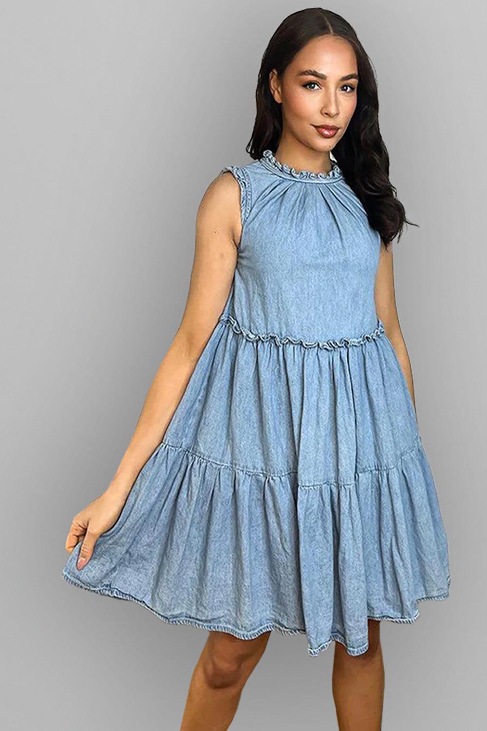 Sky Blue 100% Cotton Frilled Neck Sleeveless Denim Dress