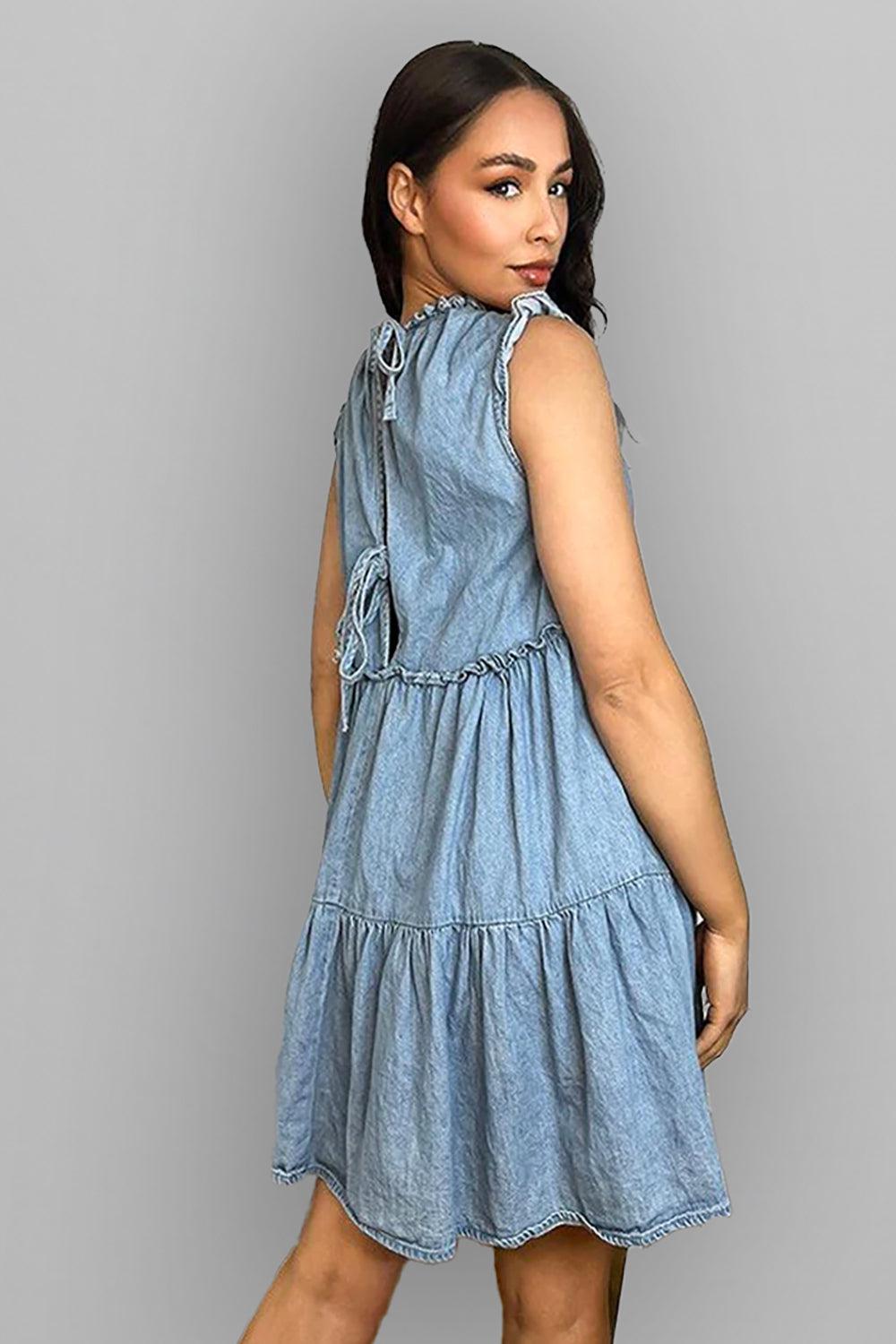 Sky Blue 100% Cotton Frilled Neck Sleeveless Denim Dress
