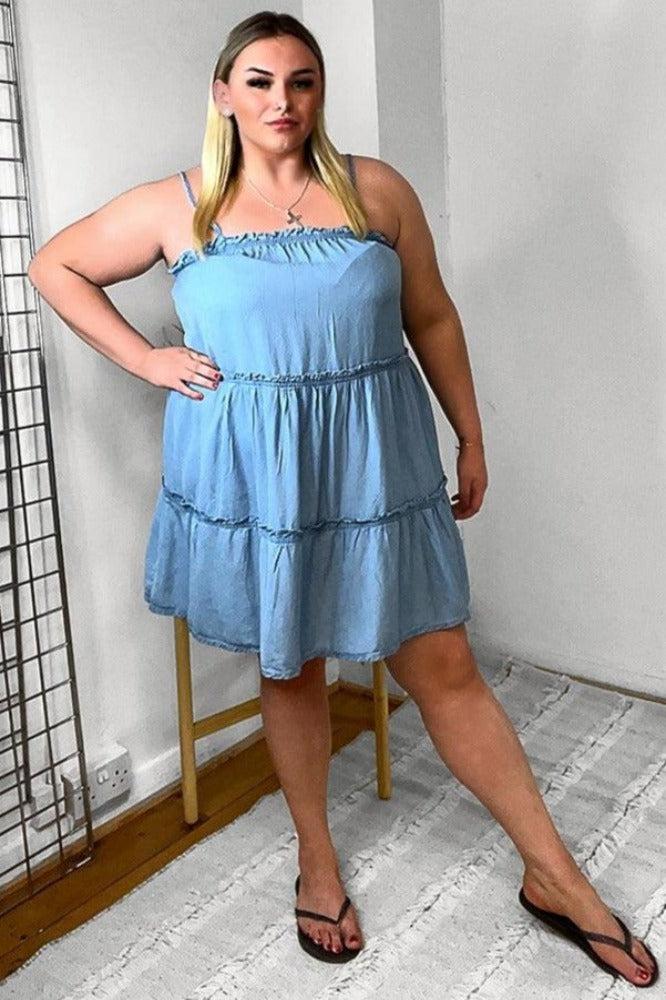 Lightweight Denim Strappy Tiered Dress-SinglePrice