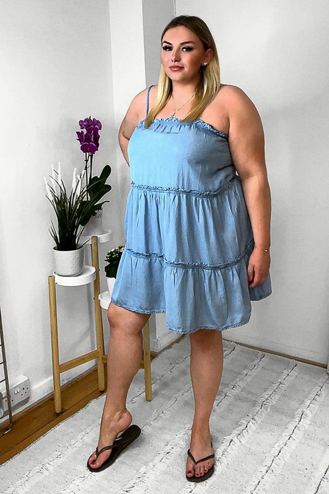Lightweight Denim Strappy Tiered Dress-SinglePrice