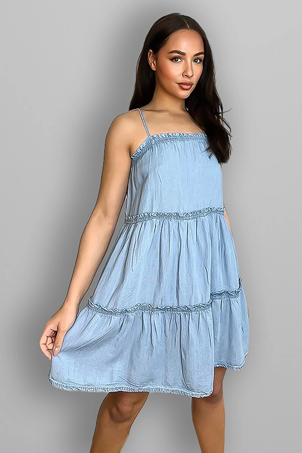 Wholesale Women's Lightweight Strappy Tiered Denim Dress (PACK OF 13)
