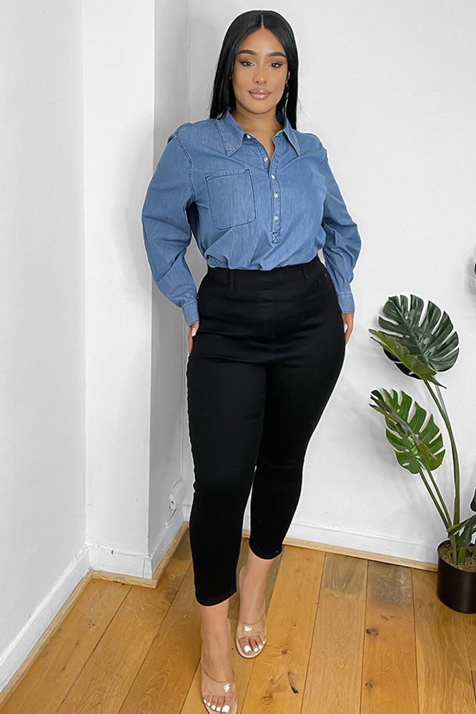 Black Cotton Blend High Waist Elastic Jeggings-SinglePrice
