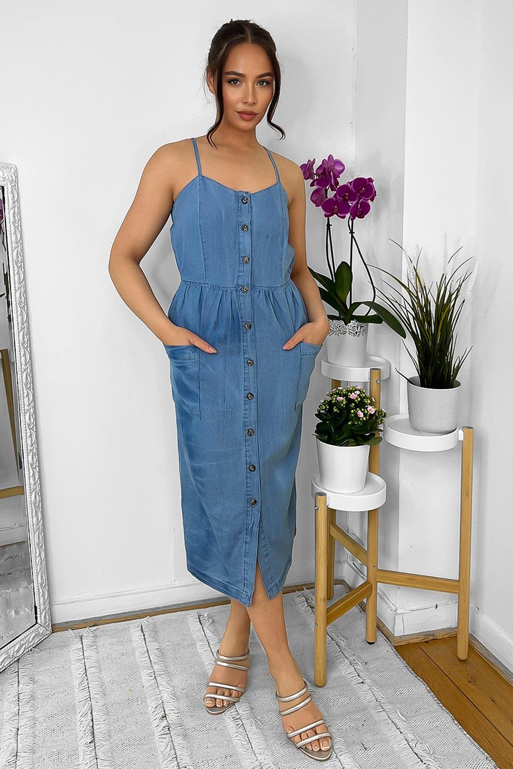 Buttoned Down Strappy Denim Midi Dress-SinglePrice