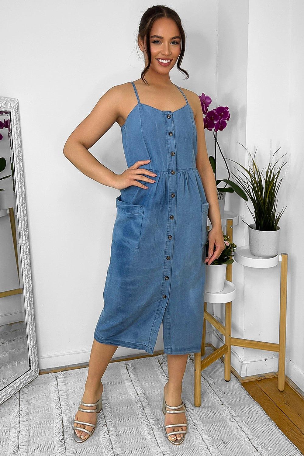 Buttoned Down Strappy Denim Midi Dress-SinglePrice