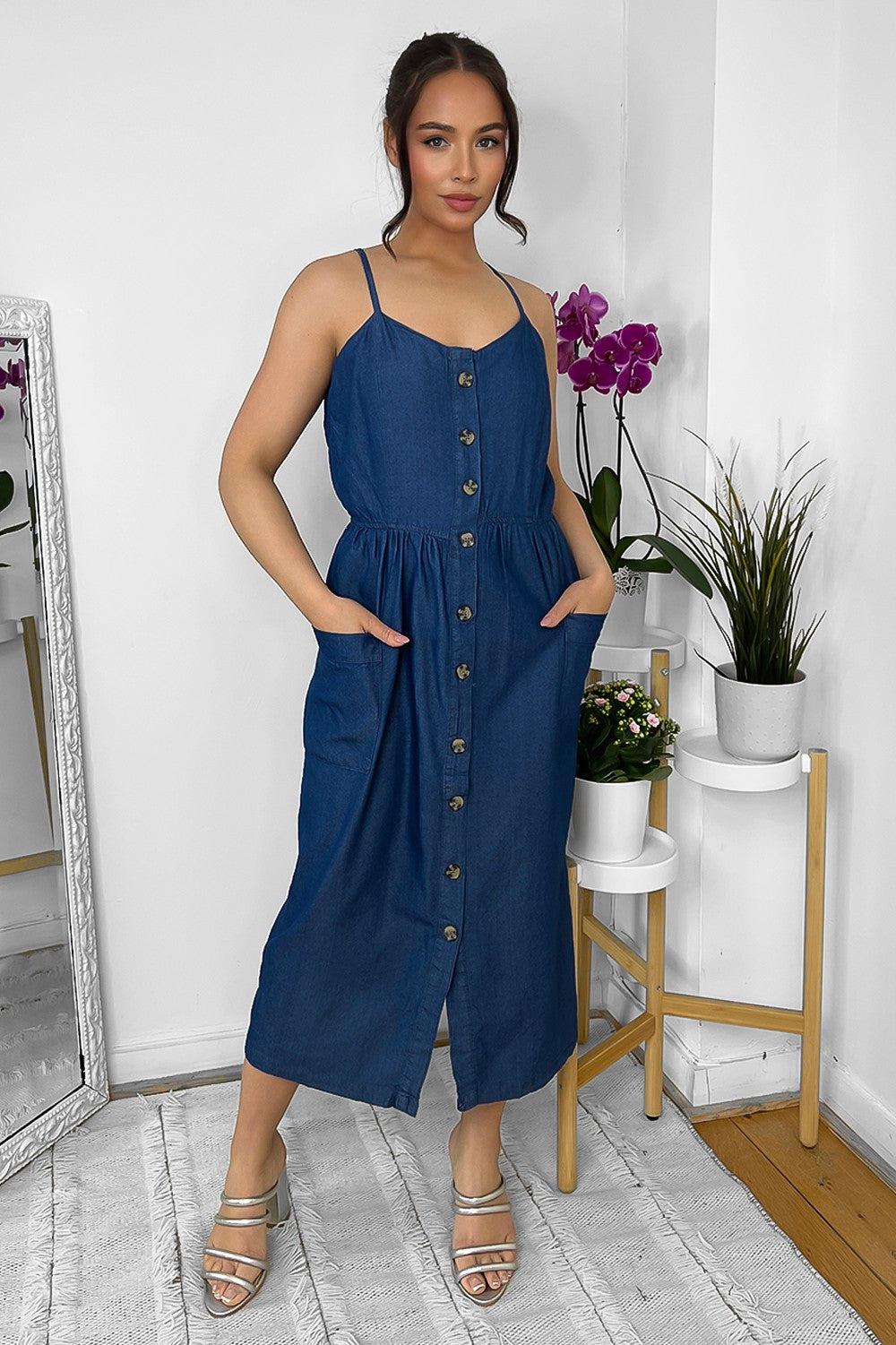 Buttoned Down Strappy Denim Midi Dress-SinglePrice