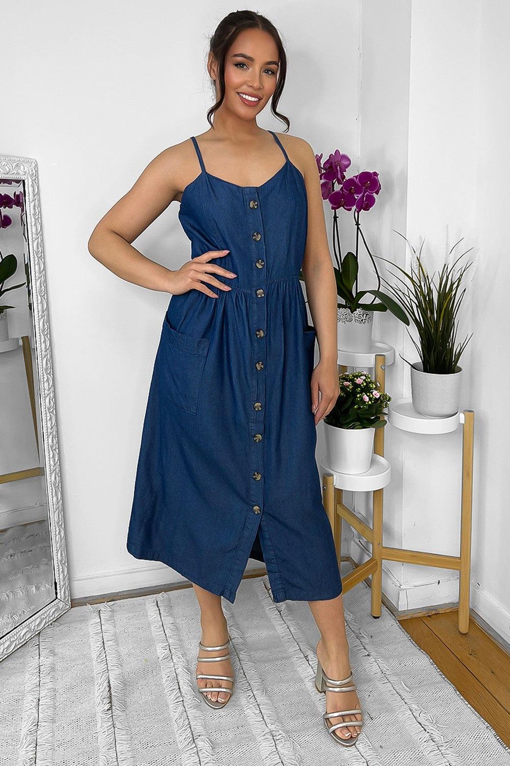 Buttoned Down Strappy Denim Midi Dress-SinglePrice