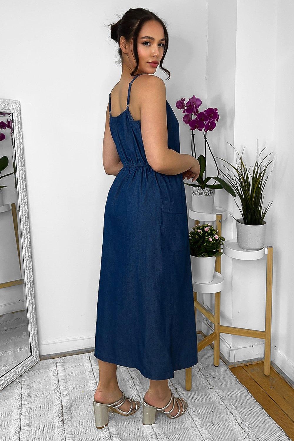 Buttoned Down Strappy Denim Midi Dress-SinglePrice