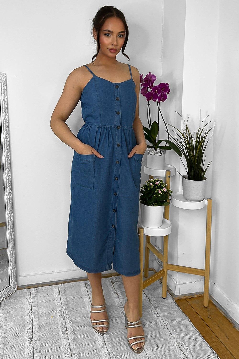 Buttoned Down Strappy Denim Midi Dress-SinglePrice
