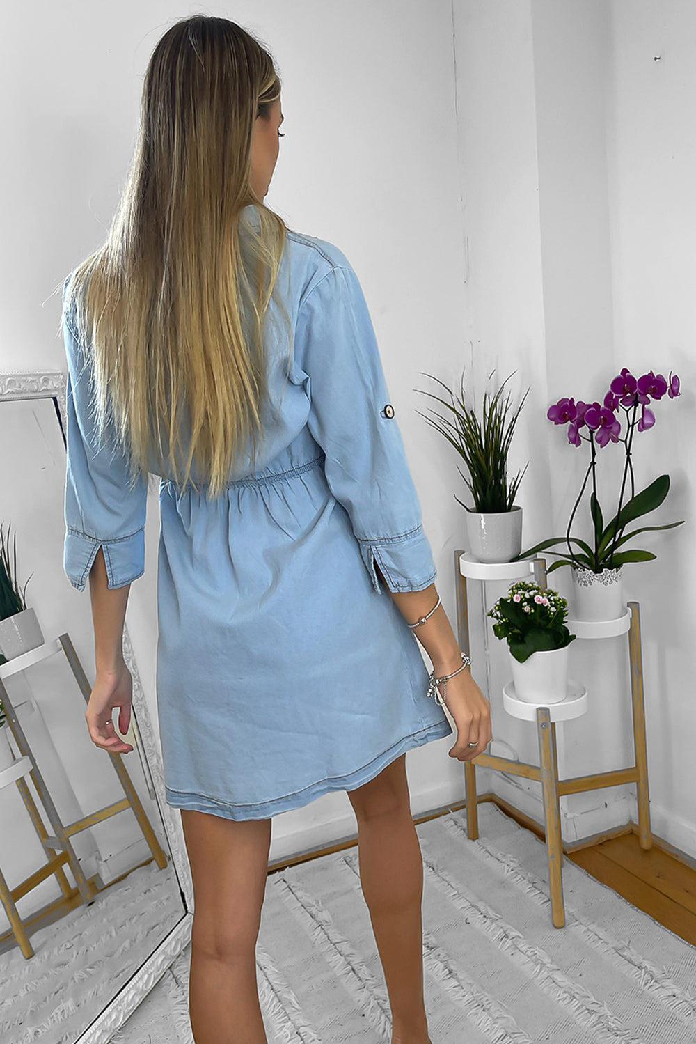 Cinched Waist Denim Shirt Dress-SinglePrice