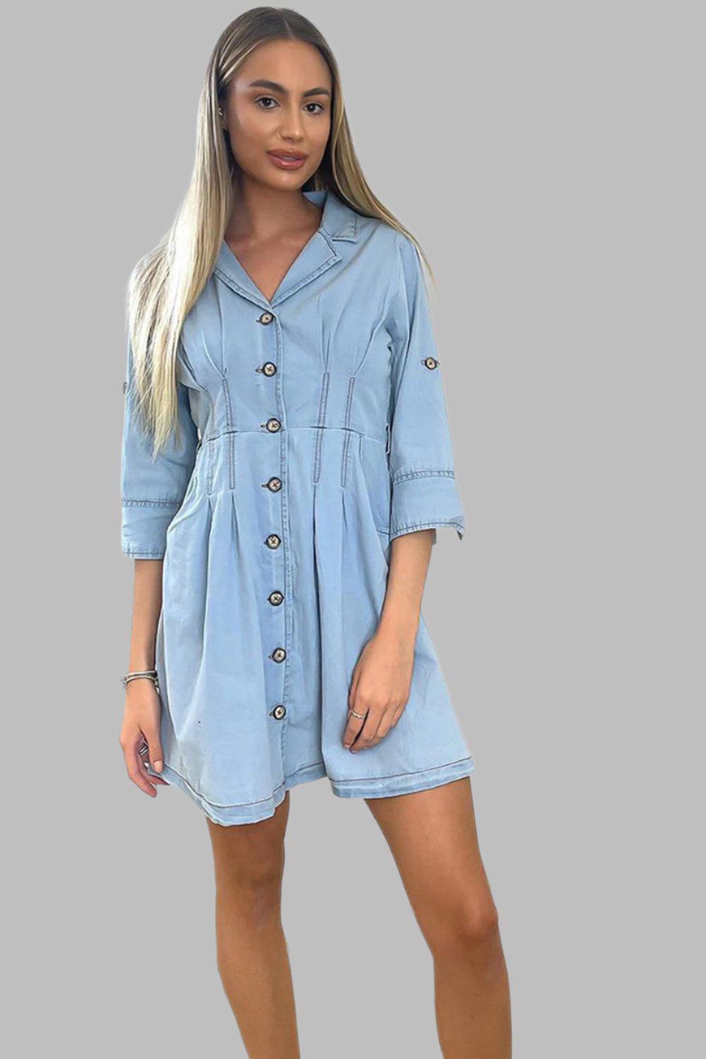 Cinched Waist Denim Shirt Dress-SinglePrice