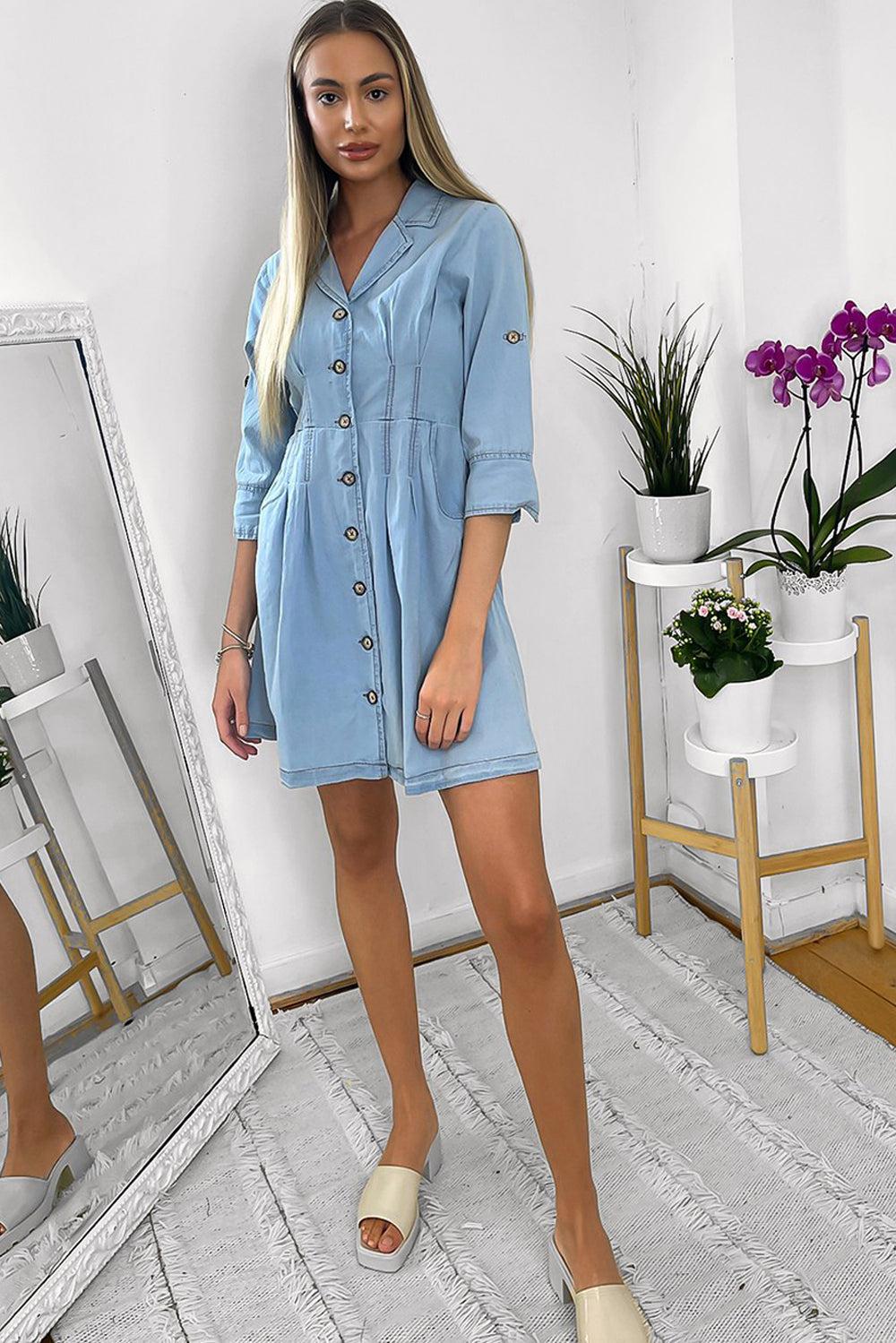 Cinched Waist Denim Shirt Dress-SinglePrice