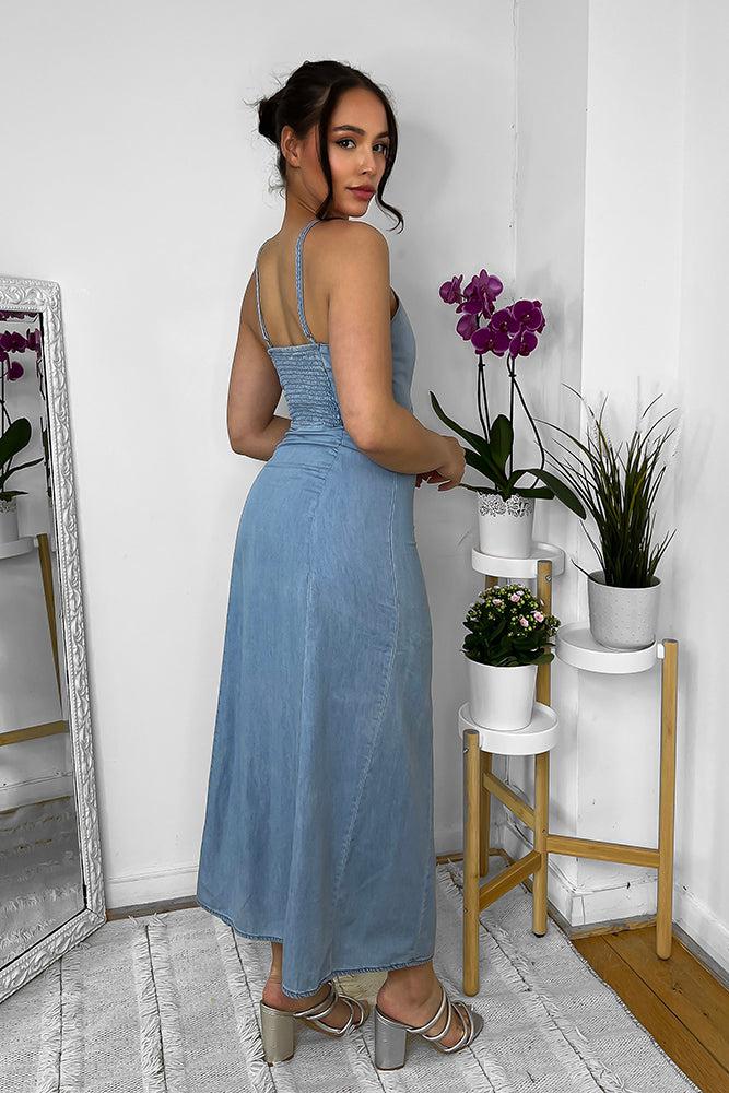 Blue Denim Strappy Peek-a-boo Midi Dress-SinglePrice