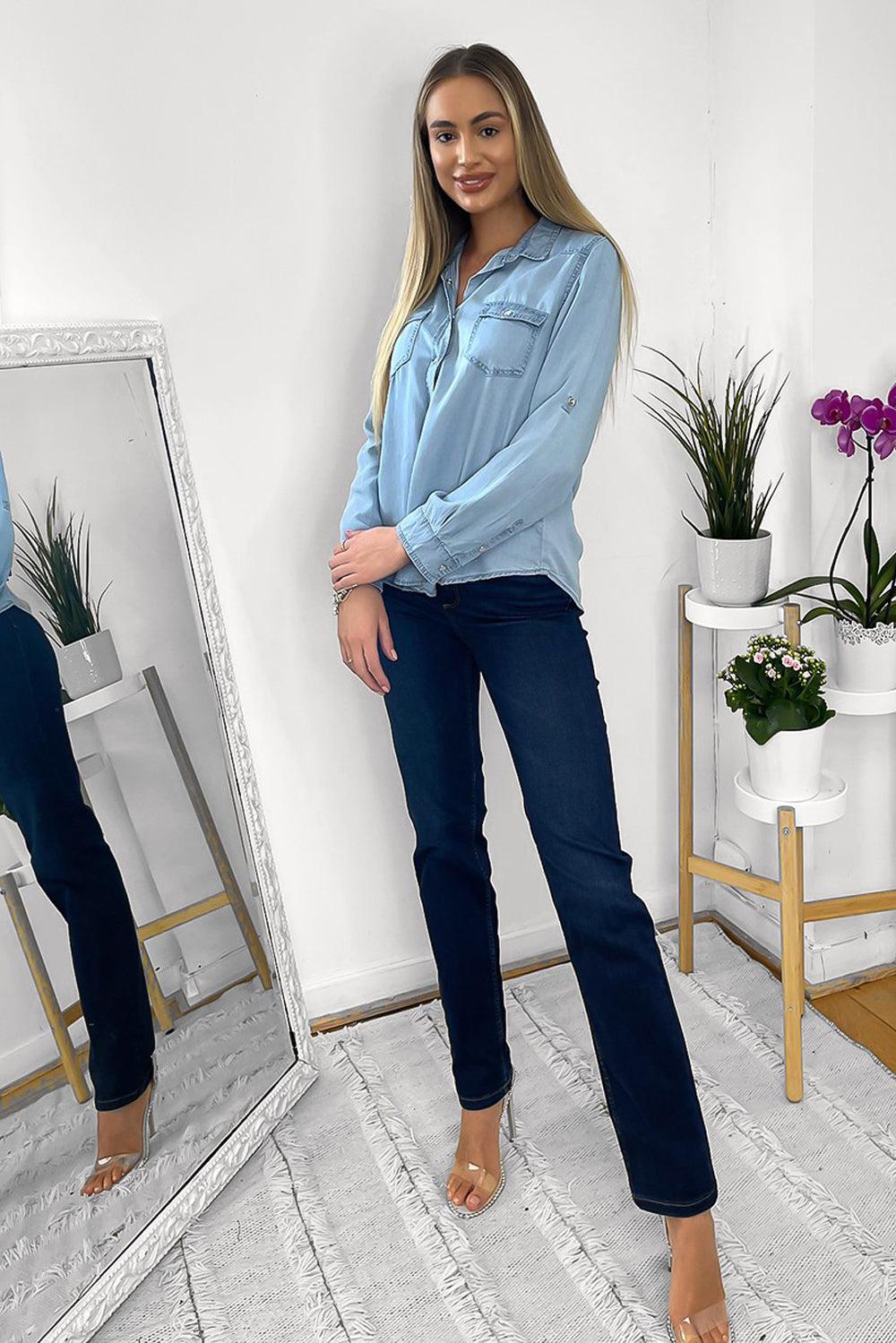 Pearl Popper Buttons Denim Shirt-SinglePrice