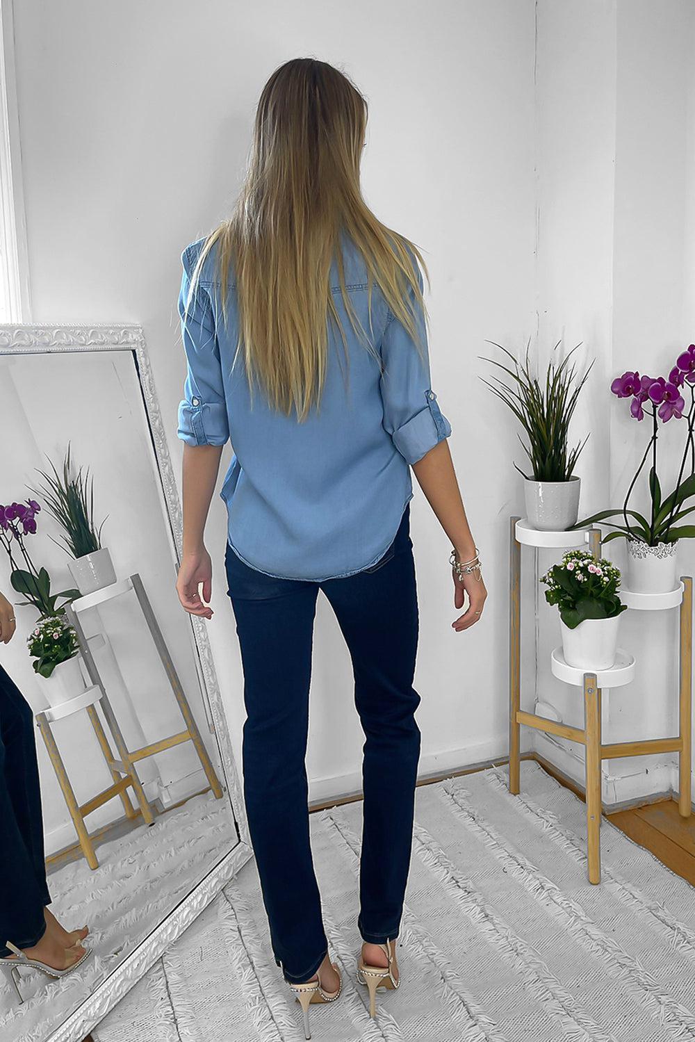 Pearl Popper Buttons Denim Shirt-SinglePrice