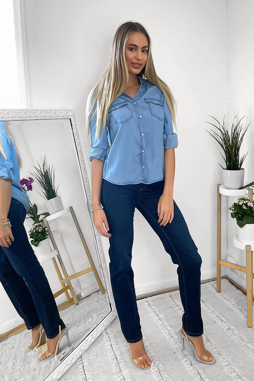 Pearl Popper Buttons Denim Shirt-SinglePrice