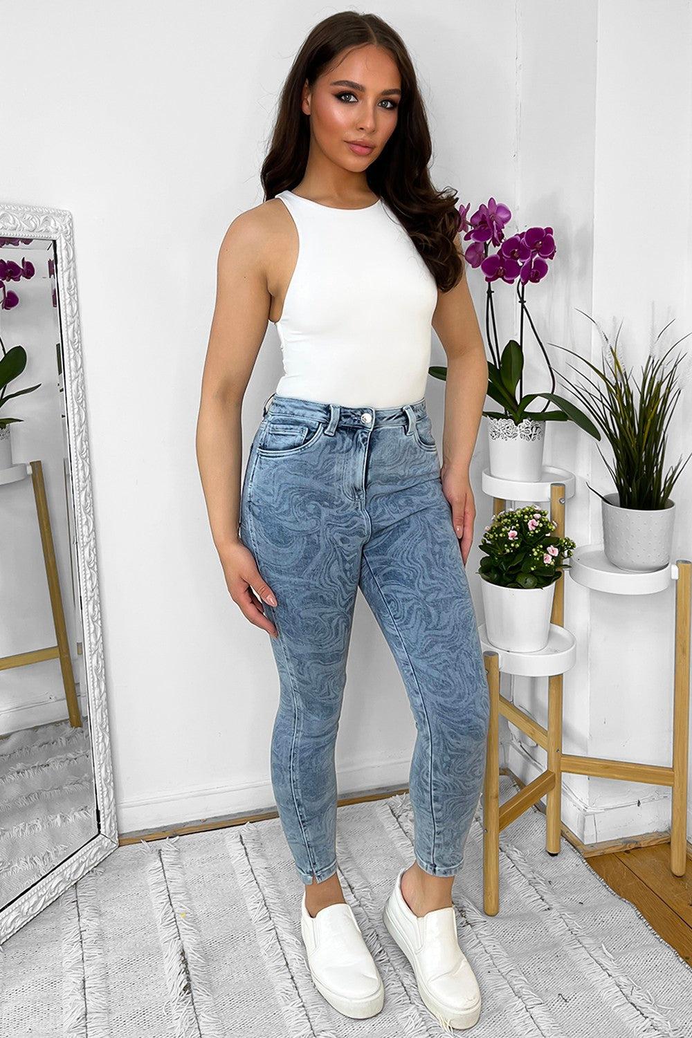 Denim Blue Marble Pattern Skinny Jeans-SinglePrice
