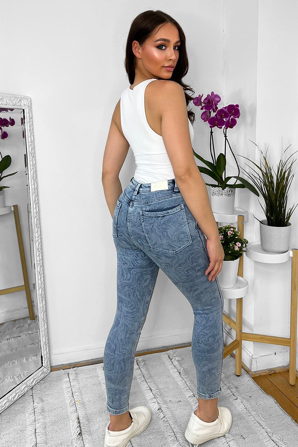 Denim Blue Marble Pattern Skinny Jeans-SinglePrice