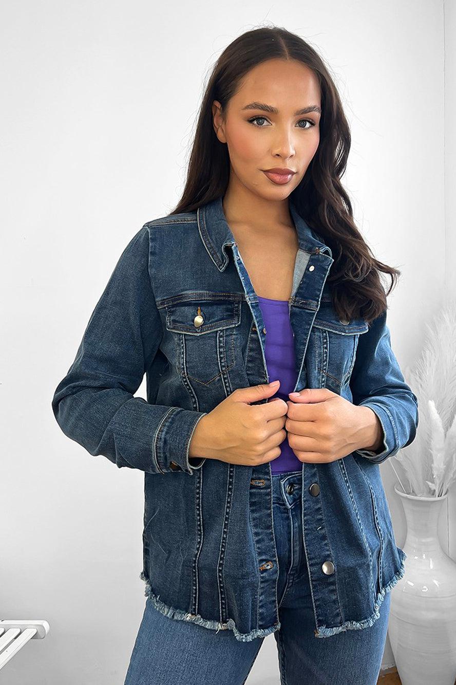 Cotton Blend Raw Hem Denim Jacket-SinglePrice