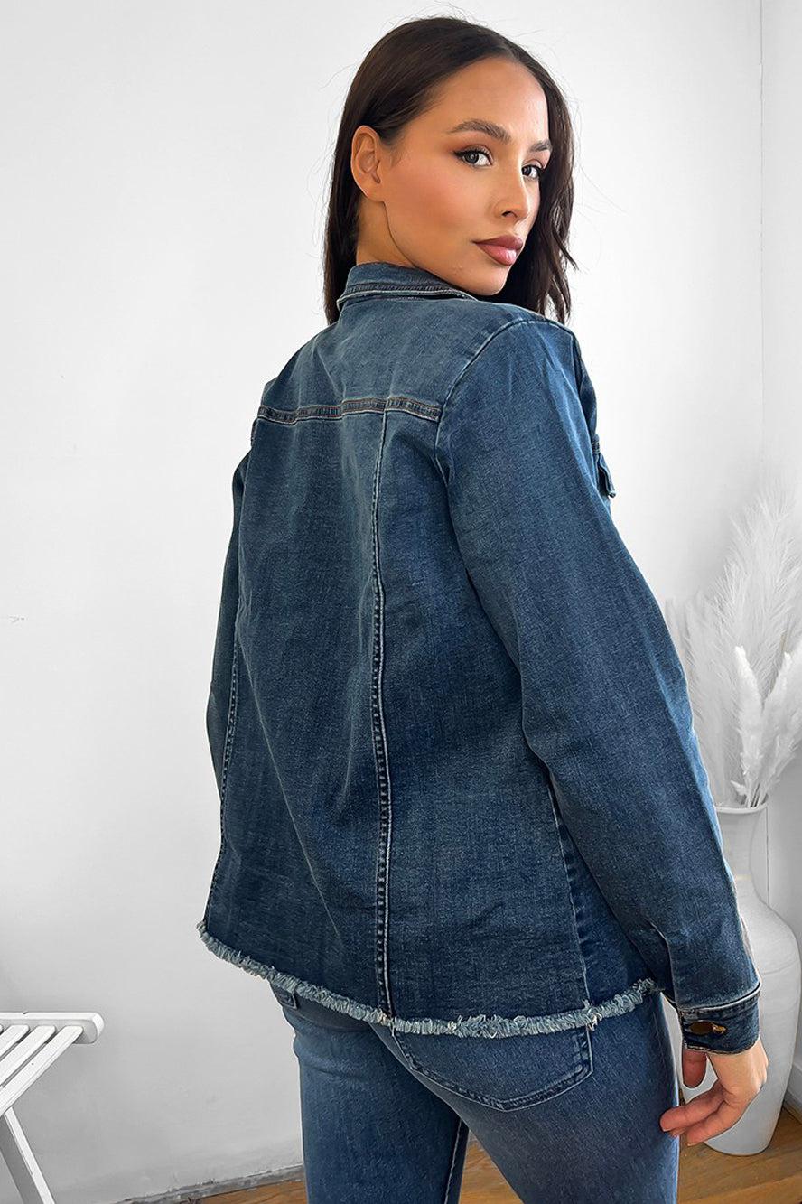 Cotton Blend Raw Hem Denim Jacket-SinglePrice
