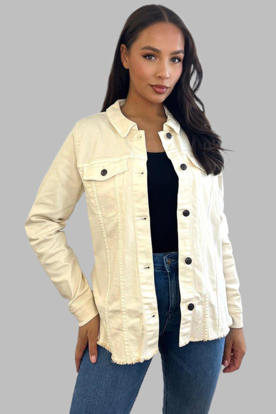 Cotton Blend Raw Hem Denim Jacket-SinglePrice