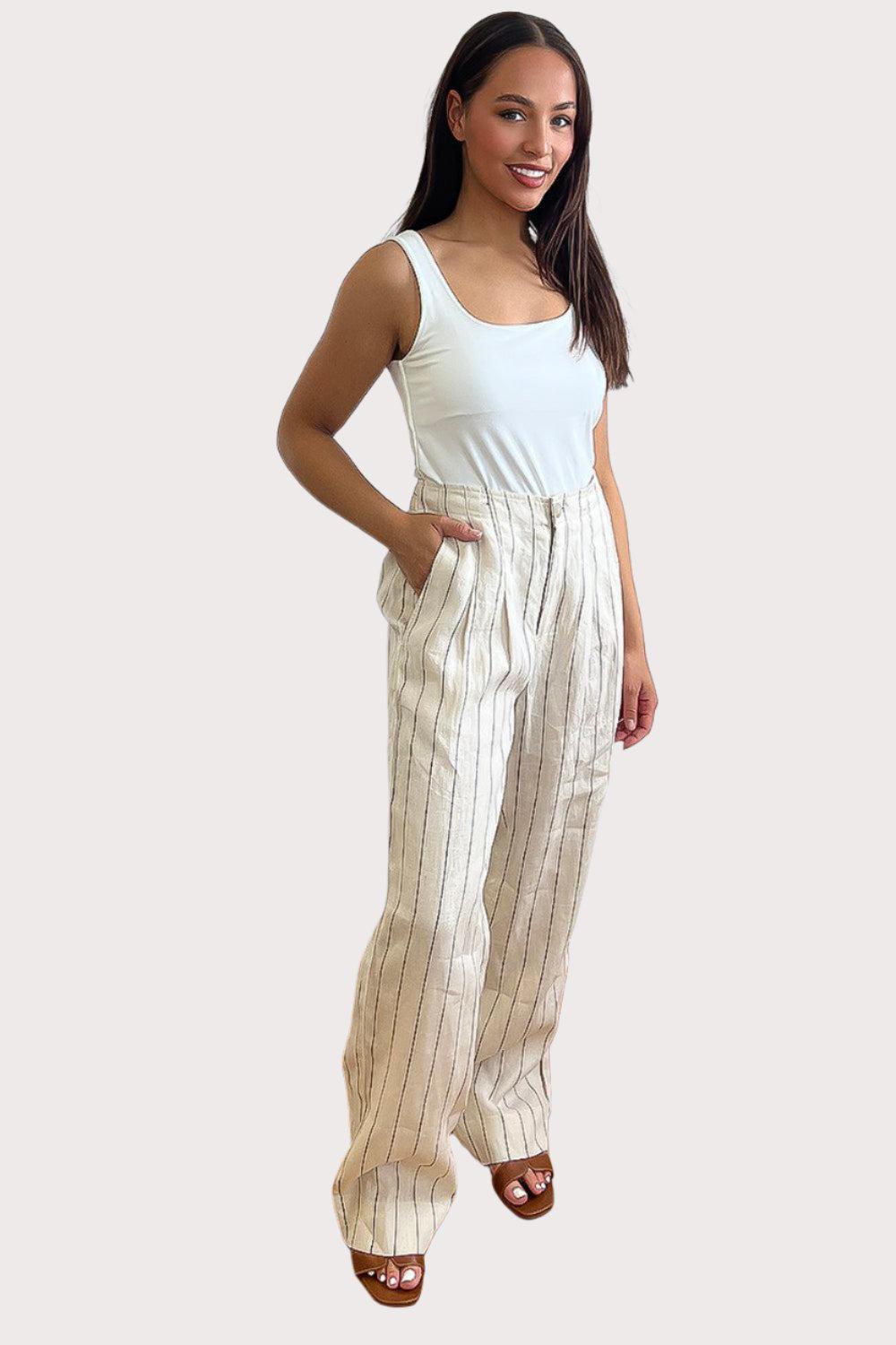 Beige Pinstripe Linen Smart Trousers-SinglePrice