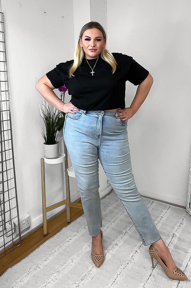 Sky Blue Cotton Denim Raw Hem Jeans-SinglePrice