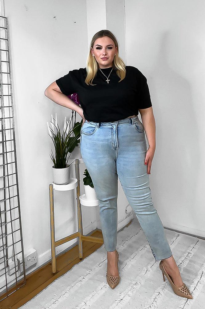 Sky Blue Cotton Denim Raw Hem Jeans-SinglePrice