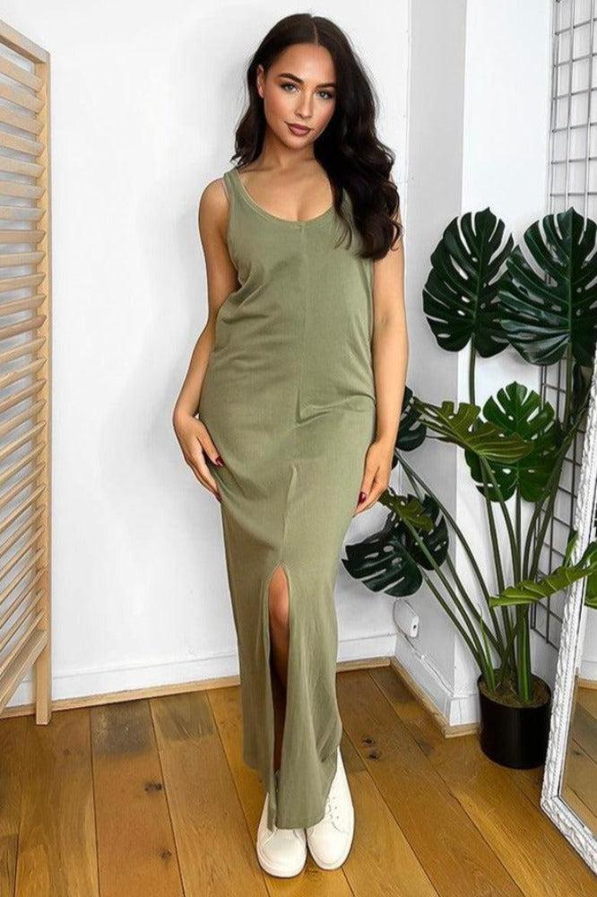 Organic Cotton Front Split Sleeveless Maxi Dress-SinglePrice