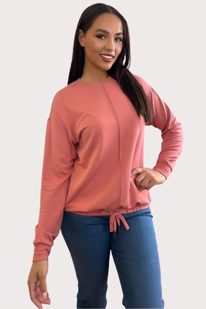 Pink Drawstring Hem Sweatshirt-SinglePrice