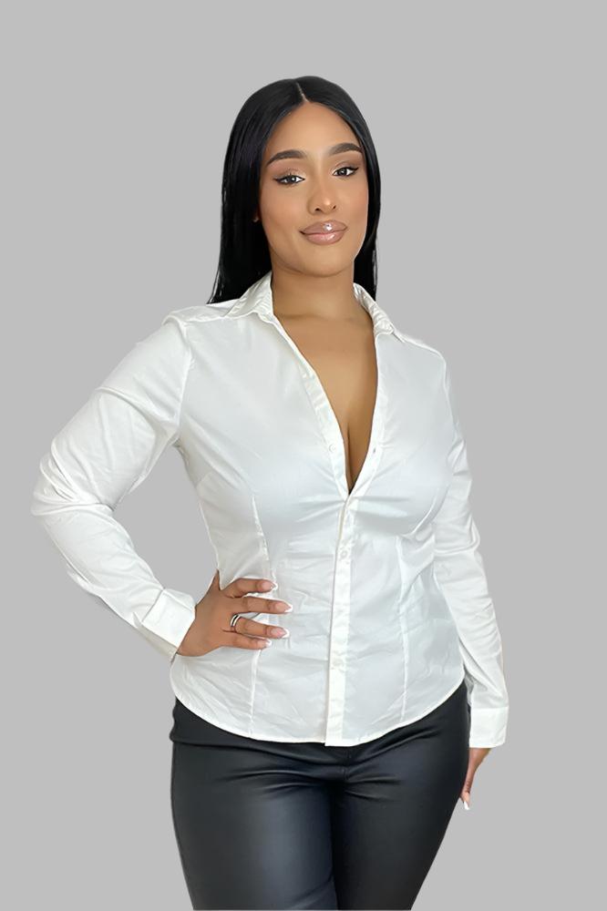 Cotton Blend Deep V-Neck Smart Shirt-SinglePrice