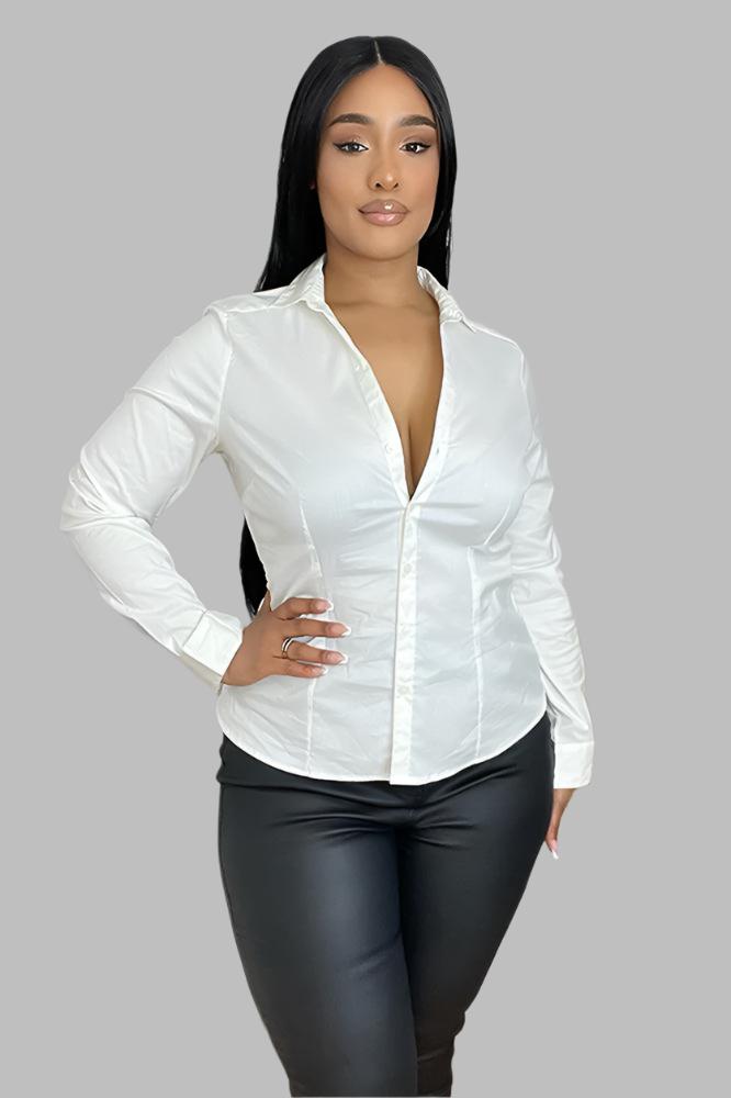 Cotton Blend Deep V-Neck Smart Shirt-SinglePrice