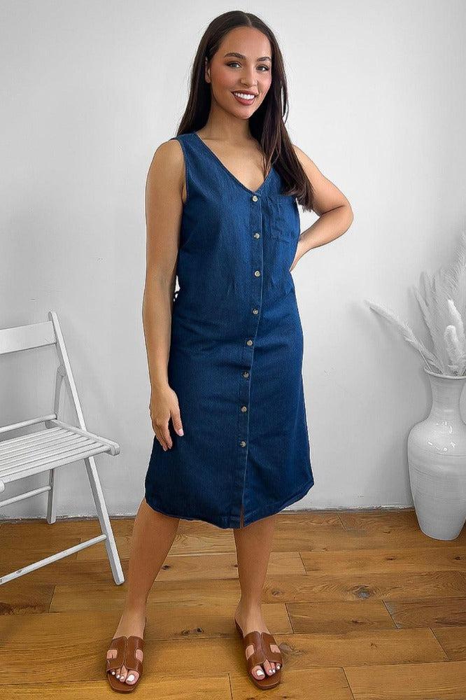 100% Cotton Sleeveless Denim Midi Dress-SinglePrice