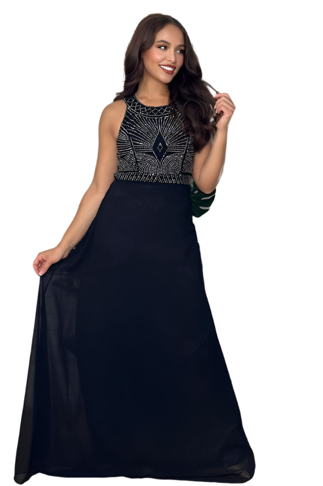 Rhinestones Embellished Halter Neck Occasion Maxi Dress-SinglePrice