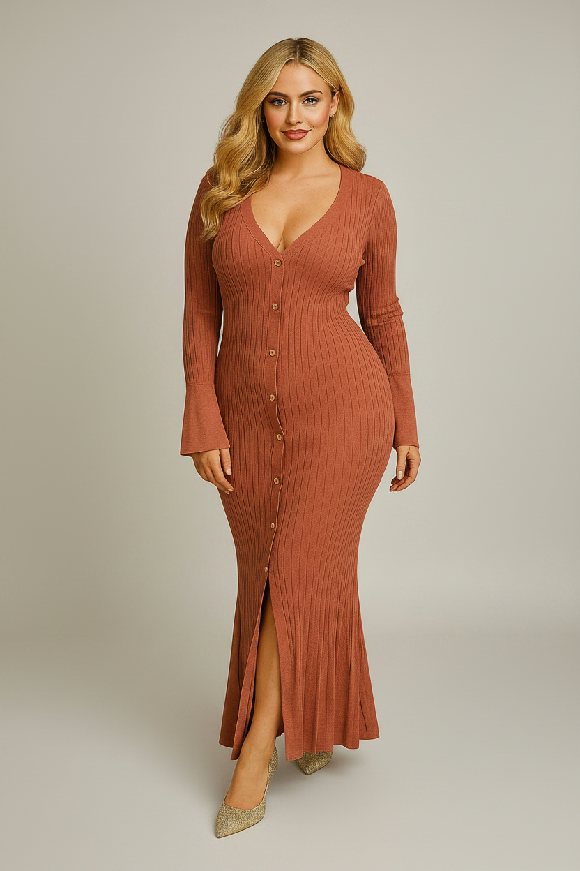 A woman modeling a long-sleeve ribbed knit maxi dress in a warm terracotta rust color. The dress features a deep V-neckline, a front button closure, and a high thigh slit, styled with pointed-toe heels against a plain white studio background.