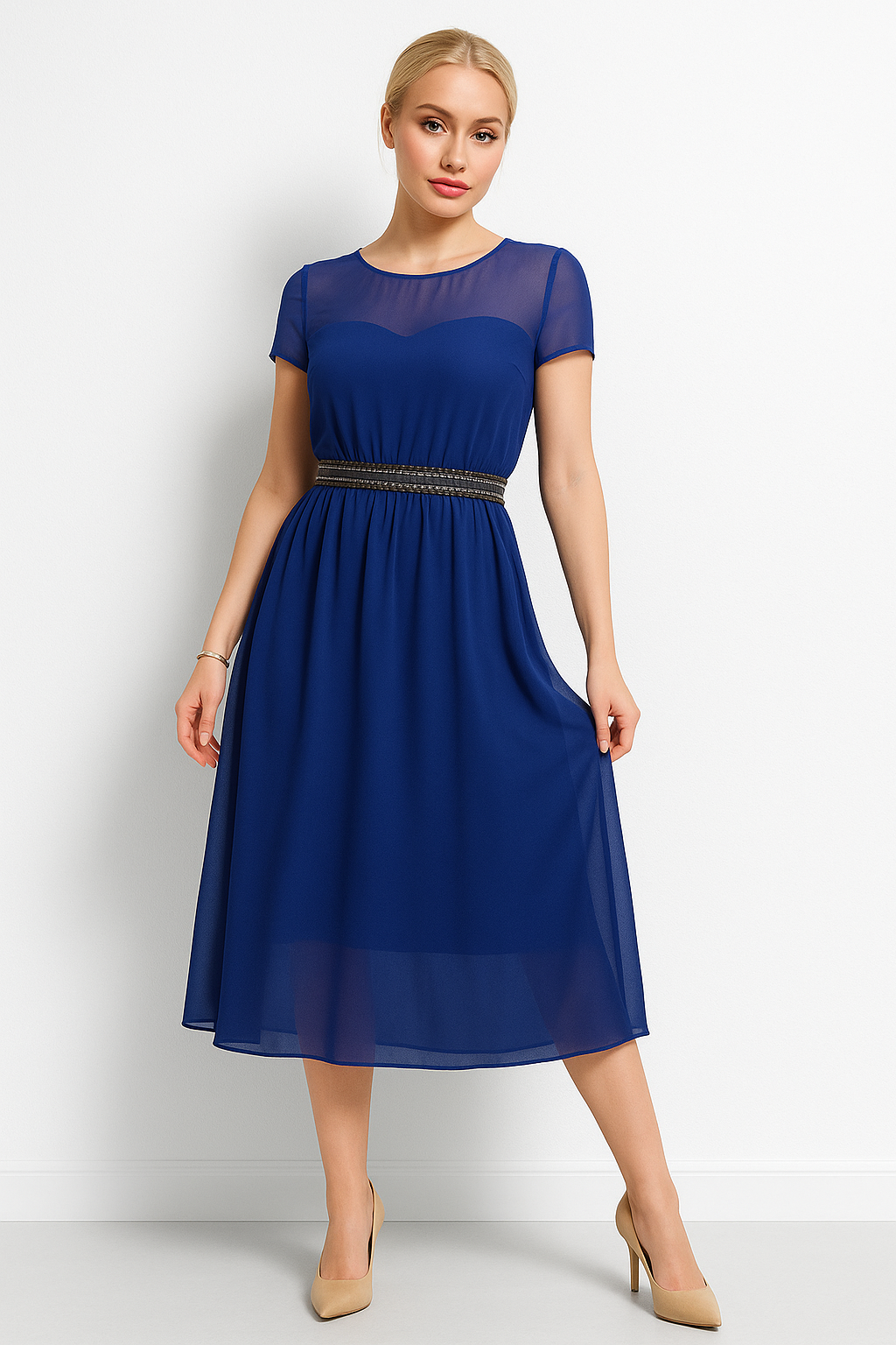 Beaded Waist Chiffon Sweetheart Dress
