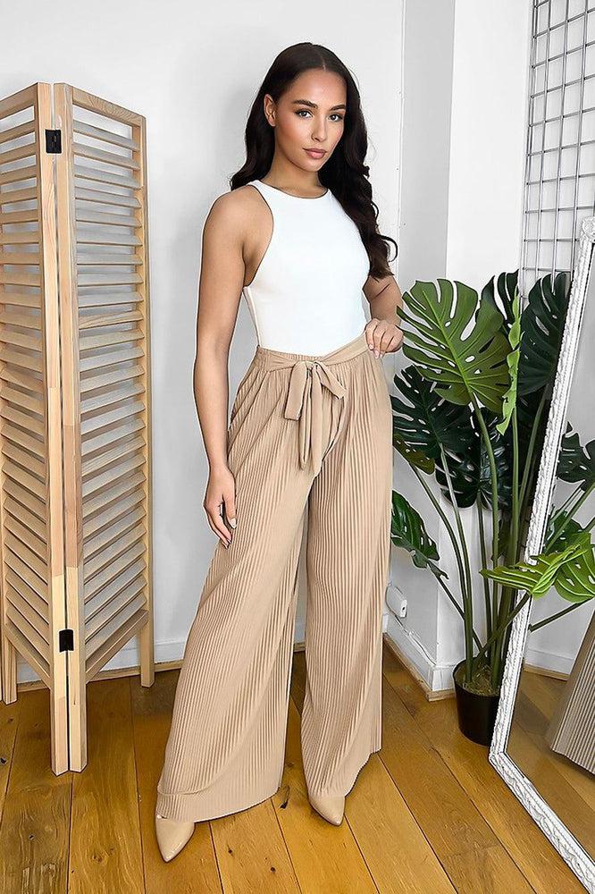 Chiffon Plisse Waist Tie Wide Leg Trousers-SinglePrice