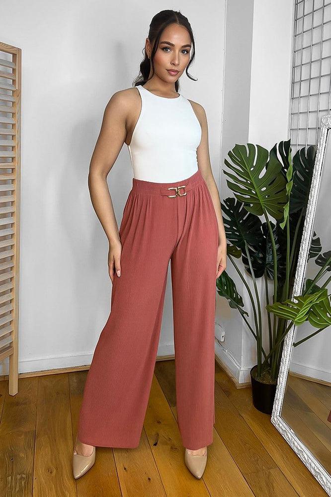 Gold Buckle Elastic Waist Plisse Trousers-SinglePrice