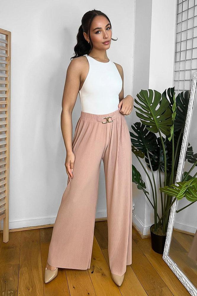 Gold Buckle Elastic Waist Plisse Trousers-SinglePrice