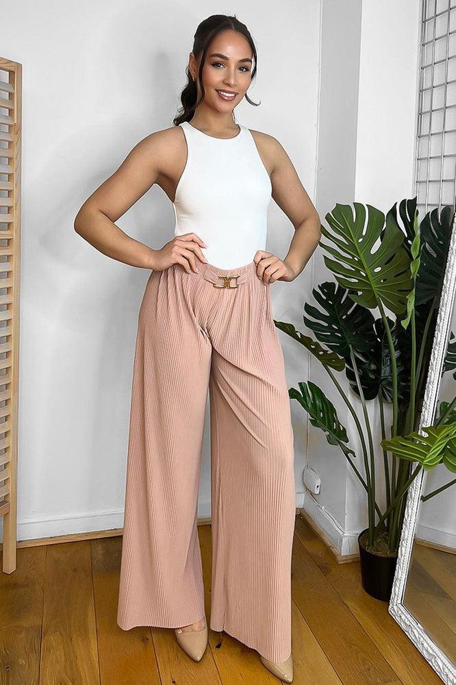 Gold Buckle Elastic Waist Plisse Trousers-SinglePrice